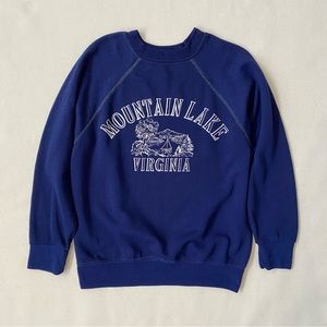 Vintage 70s Mountain Lake Virginia Navy Blue Raglan Pullover Sweatshirt S/M